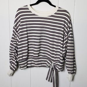 Kensie Striped Cropped Gathered Tie Sweatshirt